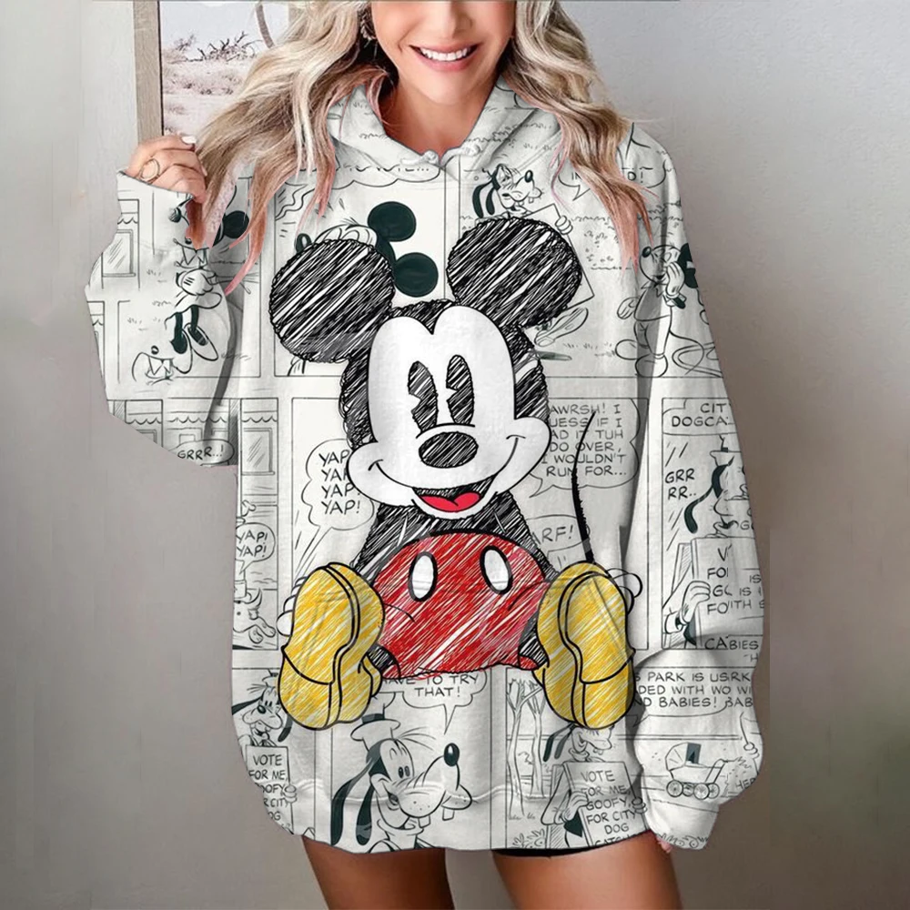 Sweat à capuche Disney Mickey Mouse pour femme, sweat-shirt à manches longues, motif Graffiti néon imprimé, confortable et décontracté, automne/hiver