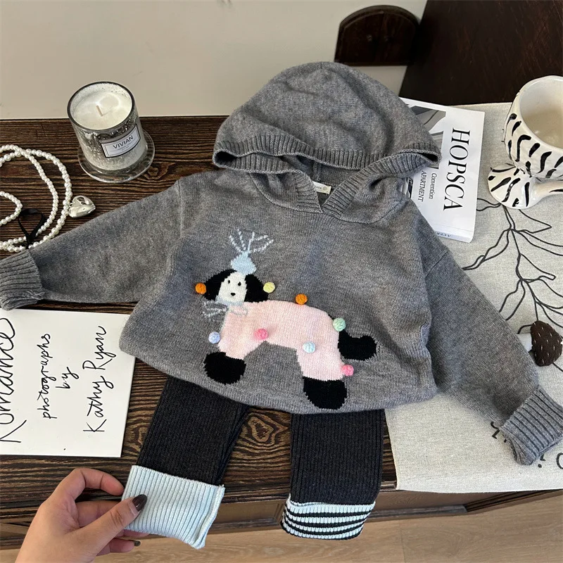 2025 Korean Spring 1-8 Years Kids Girls 2PCS Clothes Set Cartoon Knitted Hooded Top Spliced Leggings Suit Toddler Girl Outfits