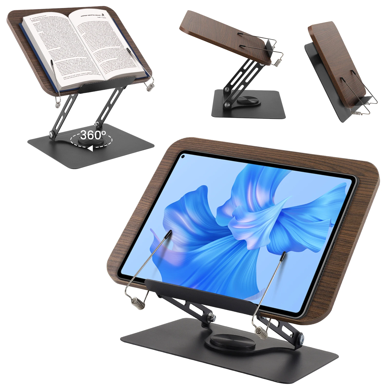 

Book Stand for Reading Adjustable Book Holder with 360° Rotating Base Elastic Page Clips Foldable Desktop Riser Stand