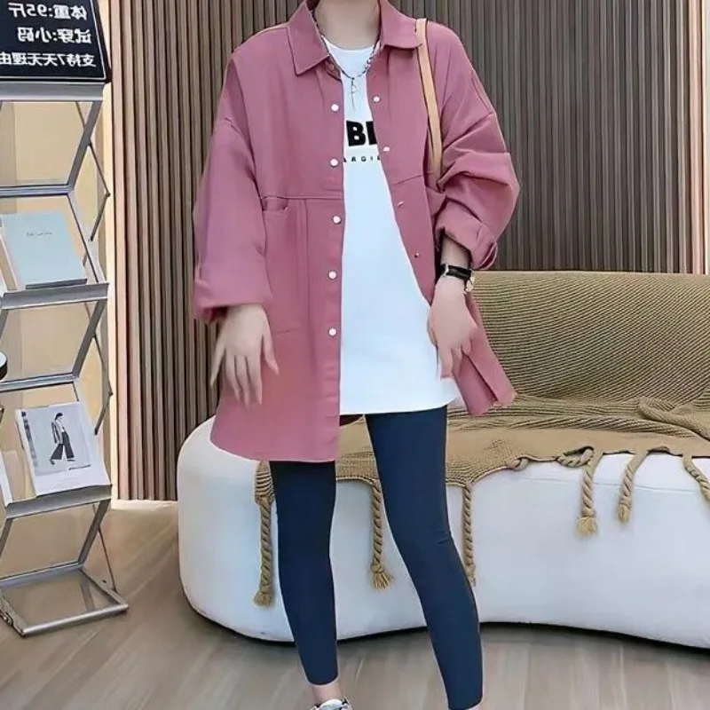 

Тонкая куртка-рубашка в ленивом стиле для женщин, осенняя новая свободная модная универсальная рубашка средней длины с карманами