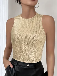 Champagne Sequined Crew Neck Tank Top, Elegant Keyhole Back Sleeveless Crop Top, Women's Clothing