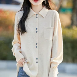Large Women's Cardigan Sweater Autumn Winter 2025 100% Wool Knitted Sweater, Loose Polo Collar Shirt With Pocket Cashmere Jacket