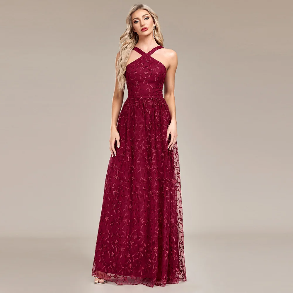 Women Burgundy Long Evening Dress Floral Embroidery Tulle Ball Gown Elegant Criss-Cross Backless Prom Dress Fit Party Wedding