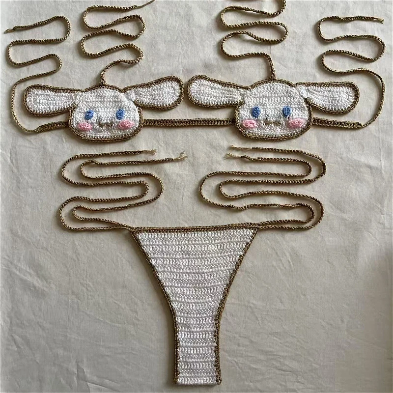 2 قطعة مجموعة البيكينيات الكروشيه اليدوية لطيف Kuromi سانريو الفتيات مثير ملابس السباحة الكرتون حزام المرأة بيكيني ثوب السباحة ملابس الشاطئ