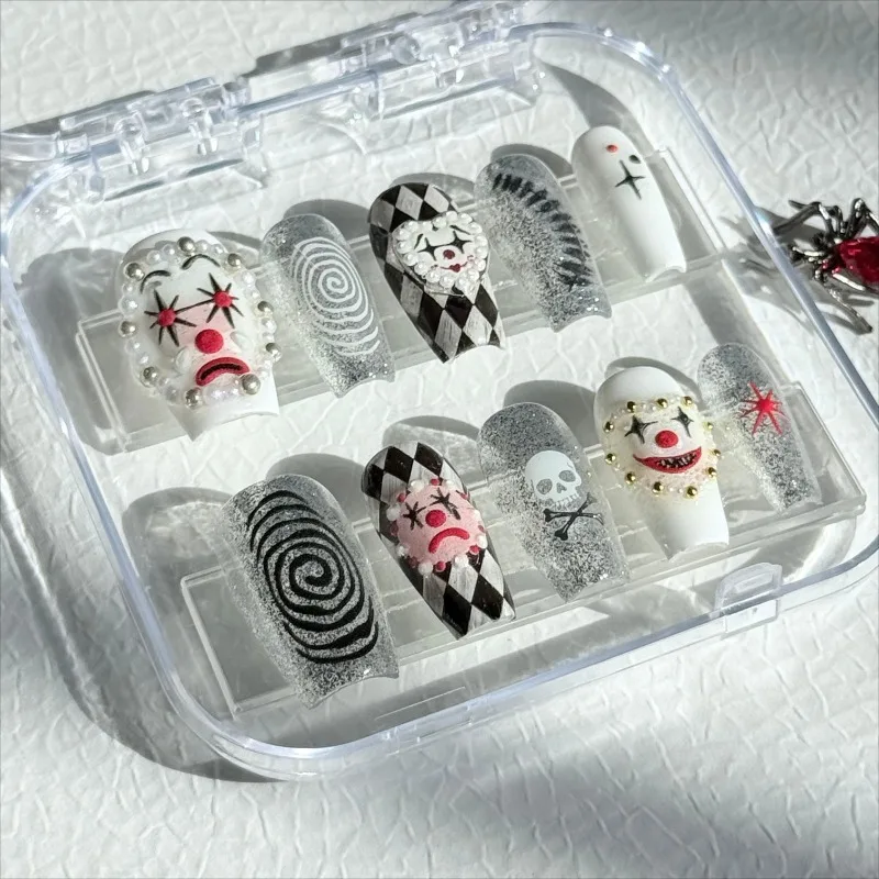 Halloween Clown Press On Nails, Hand Painted Harlequin Diamond Pattern, 3D Pearl Gothic False Nails, Creative Nail Art