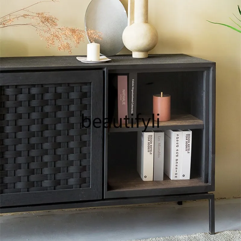 Wabi Sand Wind Minimalist Solid Wood Locker Storage Cabinet Hand-woven Rattan Dining Side Cabinet