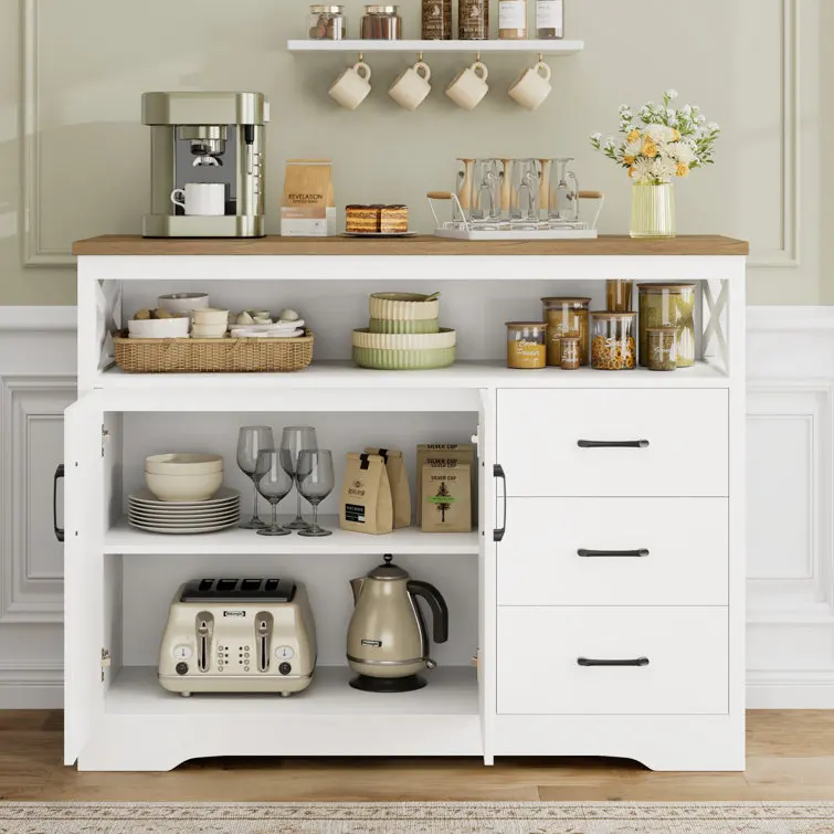 

47.2'' Wide Modern Storage Sideboard with Open Shelf Cabinet Drawer Buffet Sideboard Dining Room Furniture