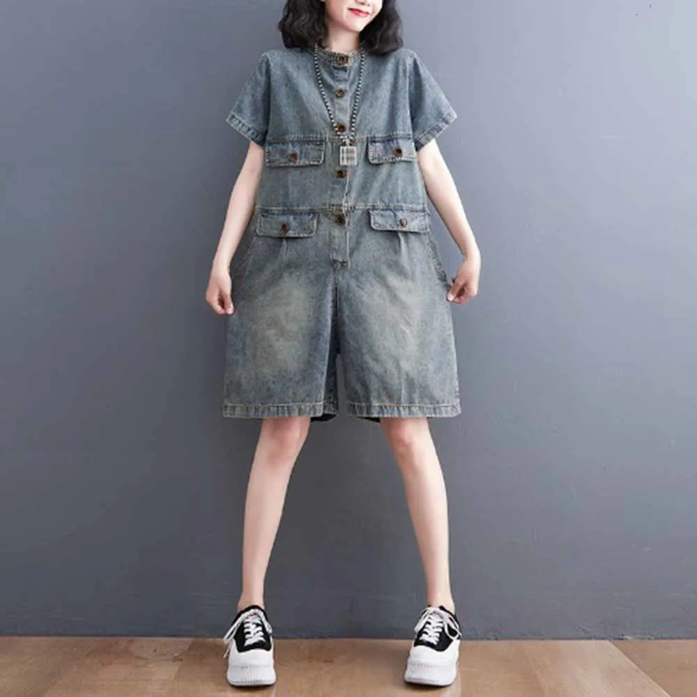 Summer Denim Overalls Short Sleeve Jumpsuit Women Vintage Streetwear Hip Hop Loose Wide Leg One Piece Shorts Sets Jeans Romper