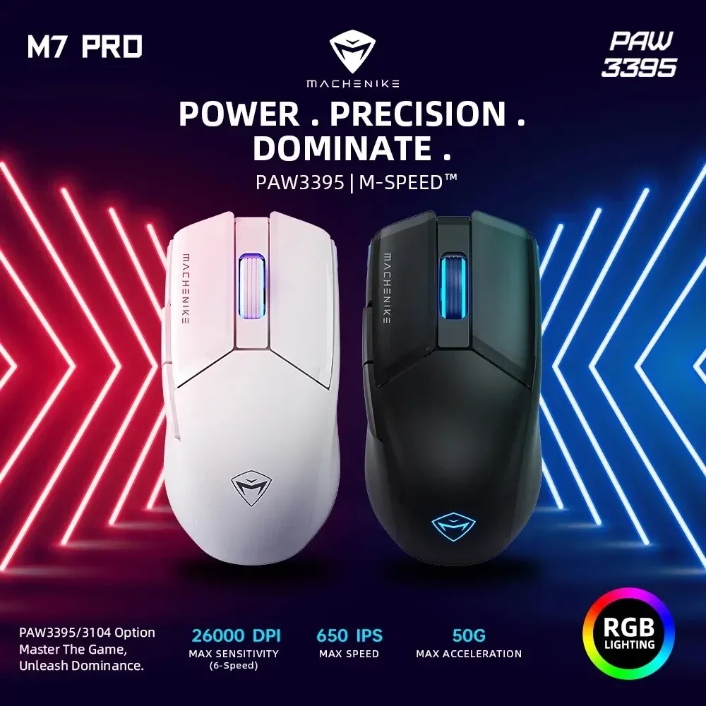 

Игровая мышь M7 Pro, USB, проводная, 2,4 ГГц, беспроводная мышь PAW3395 26000 точек на дюйм, 650 IPS, 7 кнопок, 74 г RGB для ноутбука, ПК, мышь, геймерская мышь