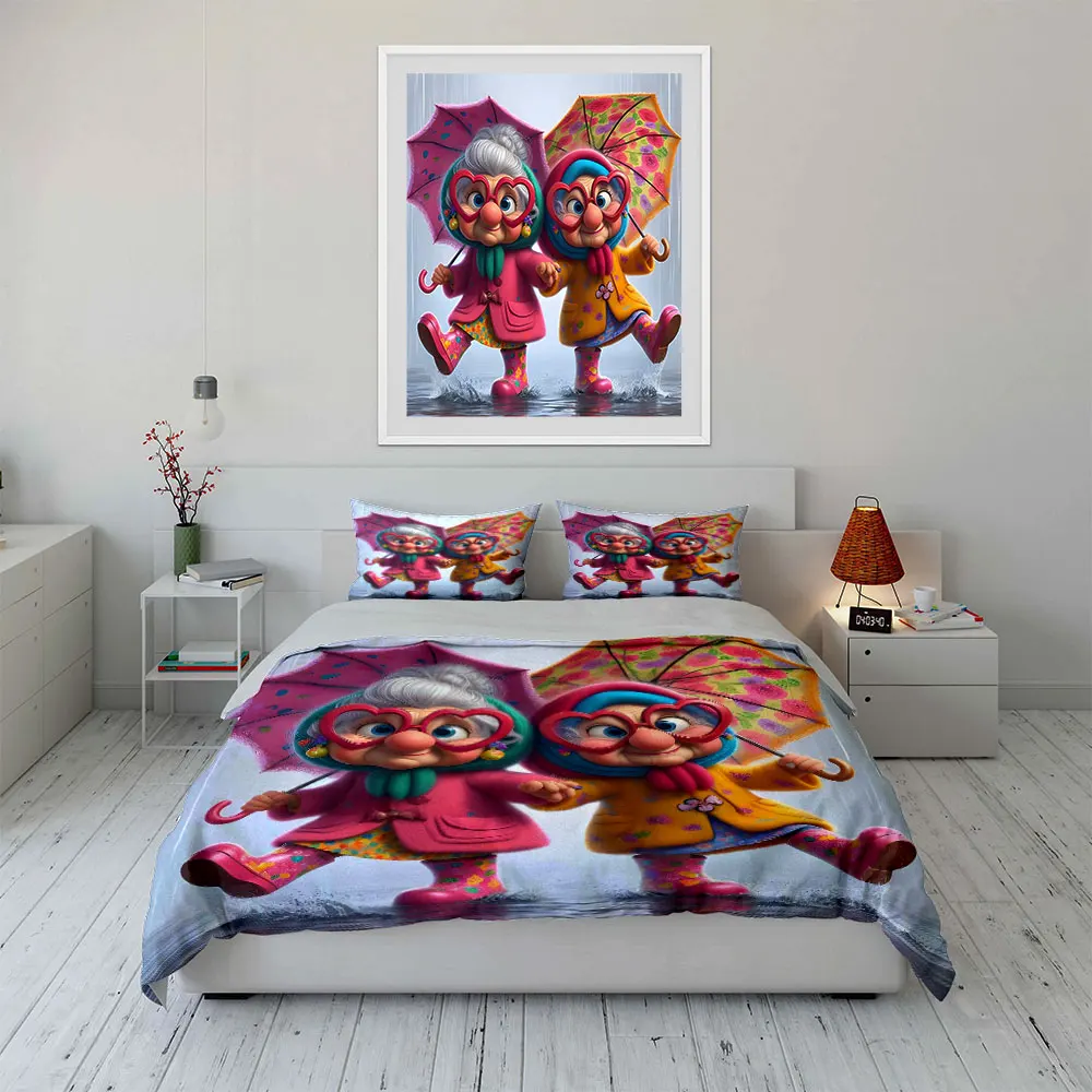 Playful grandmas in the rain Duvet Cover Set with 3D Printing Design Soft Polyester Bedding Set All-Season Comfort for gifts