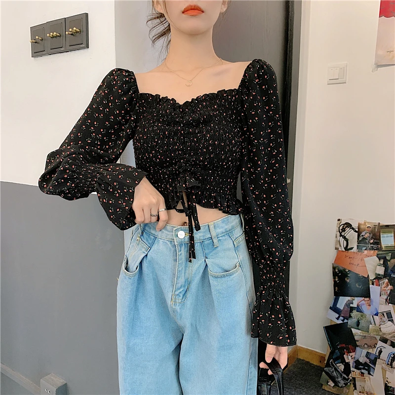Blouses Women Elegant S-5XL Slim Floral Long Flare Sleeve Crop Tops Female Chiffon Low Cut Sexy Streetwear Off-shoulder Retro