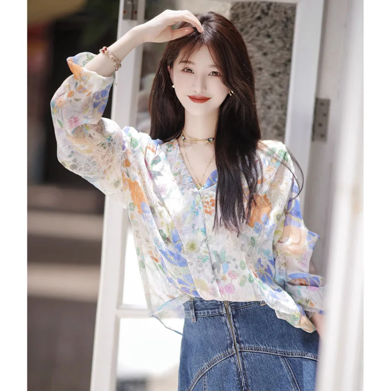 Women Korean Fashion Slim Appear Thin Printing V-neck Long Sleeve All-match Shirts Women Clothes Casual Office Lady Trend Tops