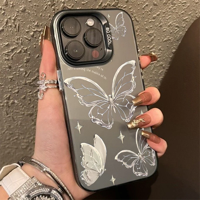 Luxury Laser Silver Gold Butterfly Matte Phone Case For iPhone 16 15 14 Pro Max 13 12 11 XS X XR 7 8 16 Plus SE 2020 2022 Cover