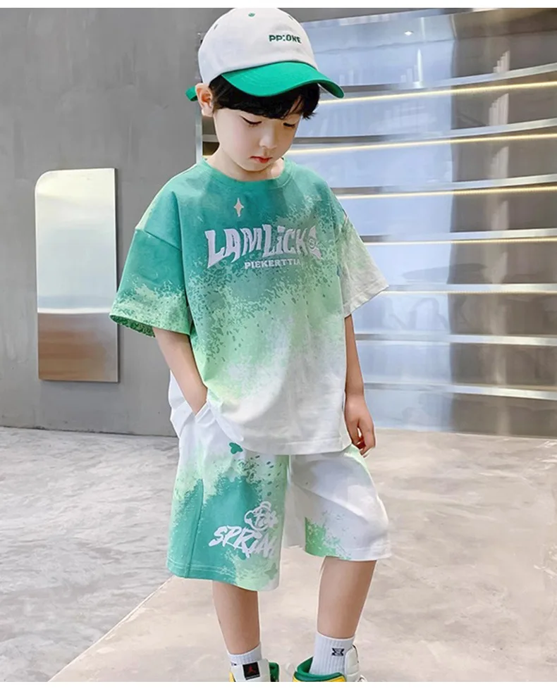 2026 Summer Boys Clothing Sets Cotton Gradient Short Sleeve T-Shirt Shorts 2Pcs Sport Suit Teen Clothes Children Casual Outfits