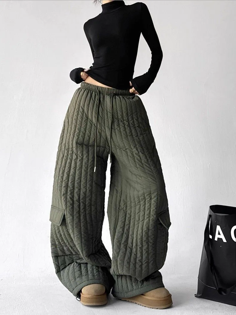 2026 Autumn Winter Cotton Padded Pants American Casual Fashion Workwear Style Loose Multi Pocket Women's Quilted Thick Trousers