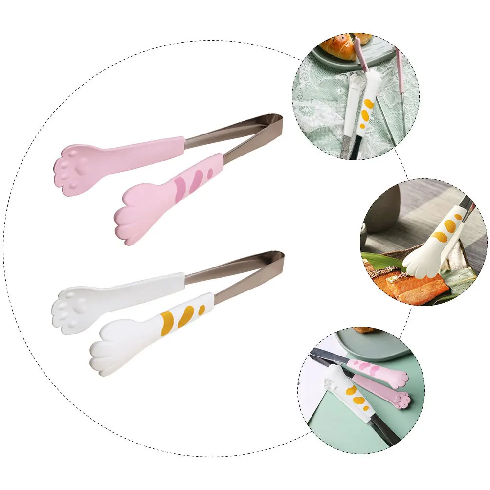 

2pcs Cat-Print Food Tongs Stainless Steel Thickened One-Piece Molding Anti-Scald Kitchen Utensils For Bread Steak Pasta Salad