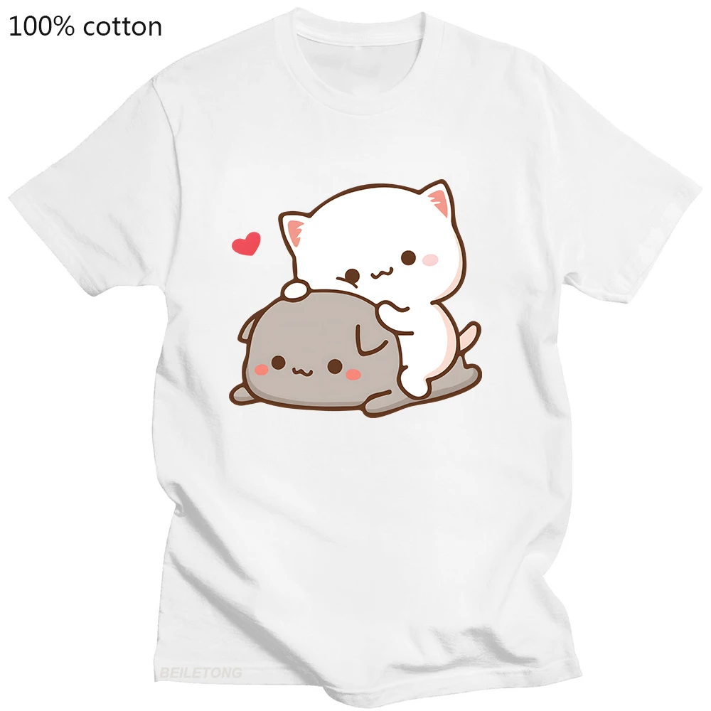 Pfirsich Katze Goma und Mochi T-shirt Neue Sommer Stil T Hemd Femme Nette Print Frauen T-shirt Mode Harajuku paar 100% Baumwolle