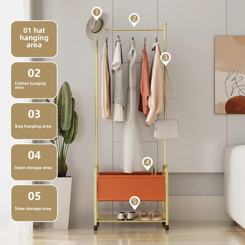 #Home Simple Design Small Apartment Leather Double-Layer Metal Floor-Standing Movable Coat and Hat