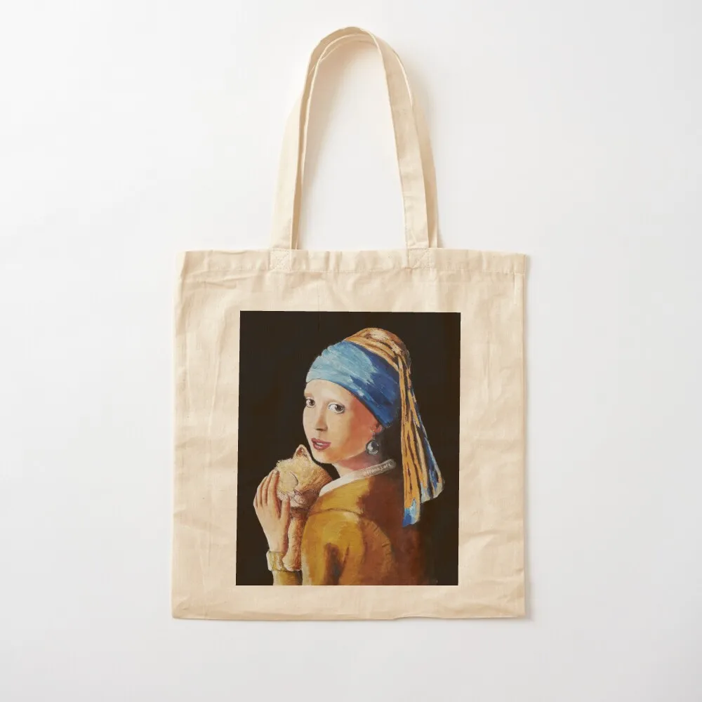 Girl with a pearl earring and a cat Tote Bag Canvas bag shopper bags Women bags