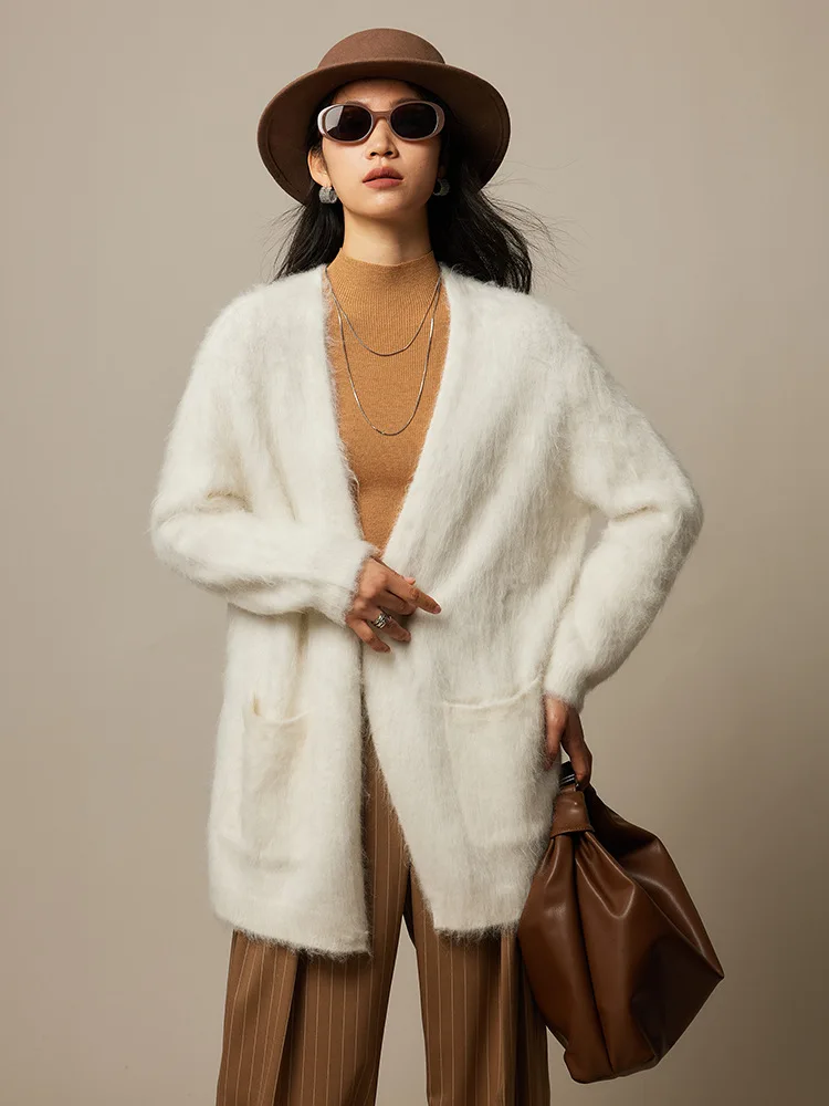 SuyaDream, Women Long Cardigans, 59%Alpaca,  Open Stitch Solid Hairy Sweaters, 2023 Fall Winter Warm Jackets, Caramel