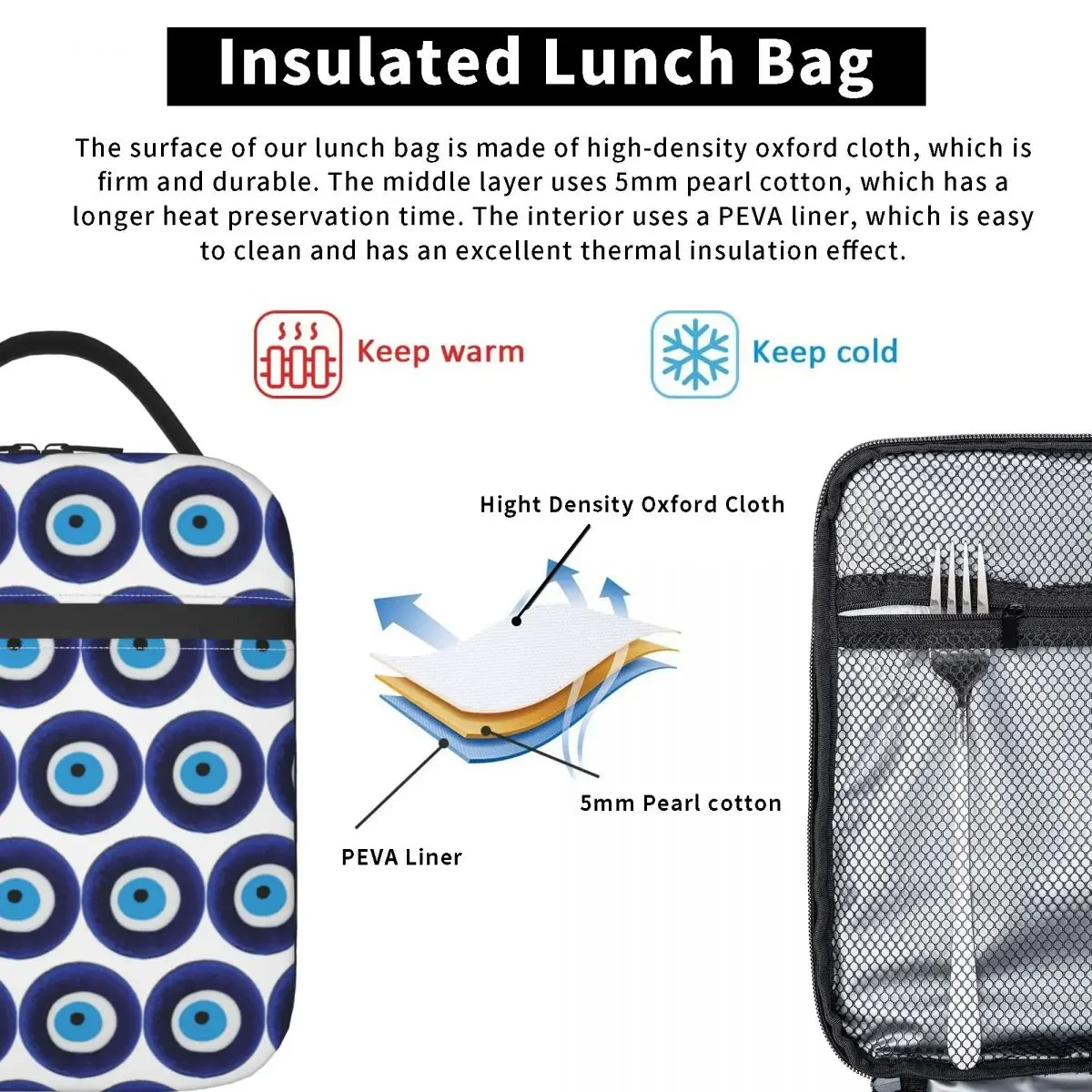 Nazar Evil Eye Protection Symbol Insulated Lunch Bag Large Lunch Container Cooler Bag Tote Lunch Box Office Picnic Men Women