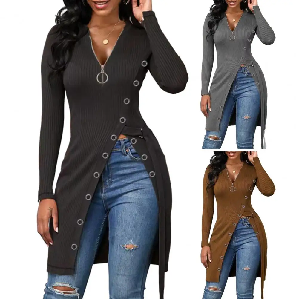 Elegant Women Sweater Top Zipper High Split Hem Mid Length Blouse Lace Up Waist Strap Jumper Long Pullover Sweater