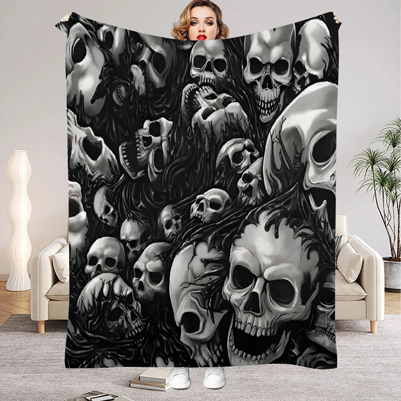 1Pc Digital Printed Skull-themed Flannel Blanket Mattress Cover Blanket for Family Beds,Sofas,Offices,Outdoor Camping