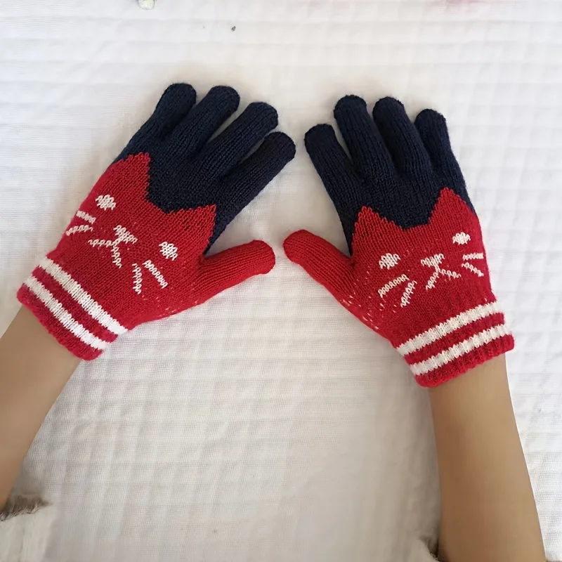 Women's Winter Warm Gloves Cat Jacquard Design Soft Elastic Full-Finger Cold-Proof Red Cat Face Paw Print Pattern.Labubo.