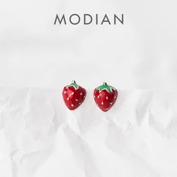 Modian Charm Fruit Strawberry 925 Sterling Silver Red Enamel Cute Stud Earrings for Women Europe Jewelry 2020 New Orecchini