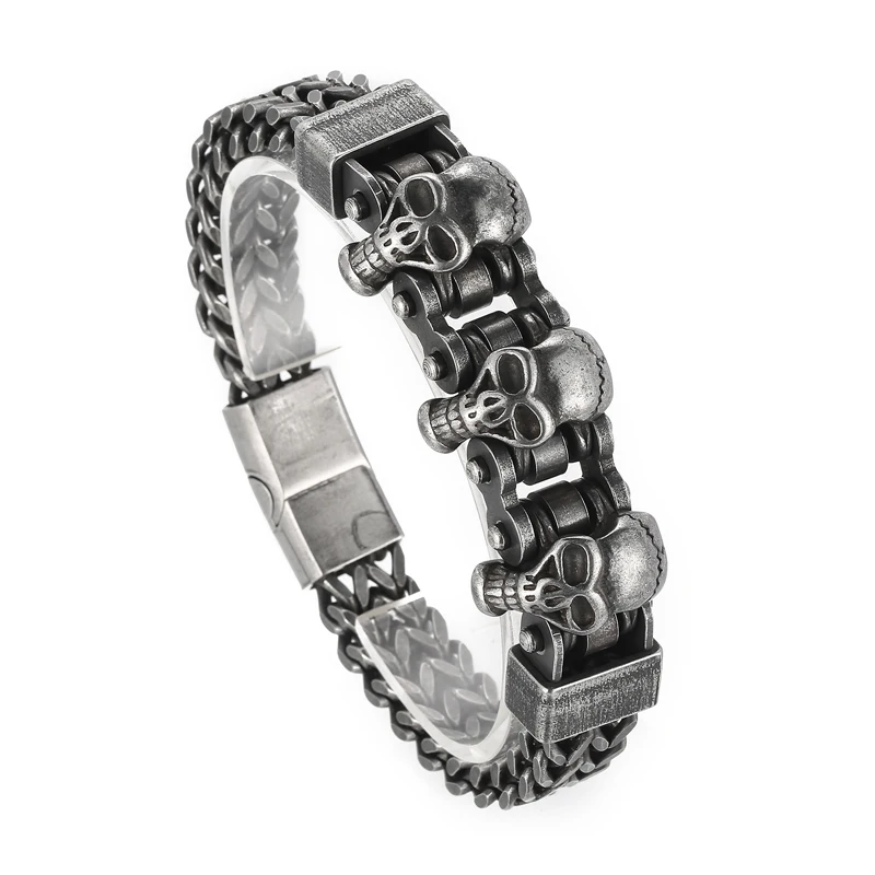 

KALEN Vintage 15mm Skeleton Skull Bracelet for Men Chunky Male Stainless Steel Jewelry Punk Rock Mesh Keel Chain Bracelets Gift