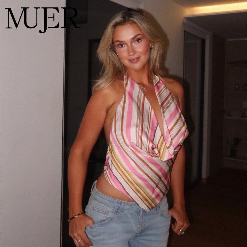 MUJER Gestreiftes Satin-Crop-Top für Damen, schulterfreies Neckholder-Top für Frauen, sexy rückenfreies Top, weibliches Sommer-Top, ärmellose Damen-Tops