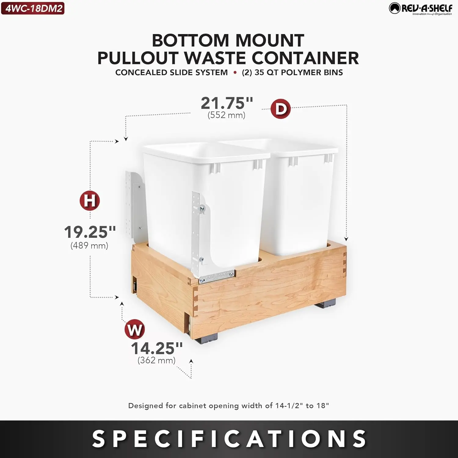 Double 35 Qt Wood Bottom Mount Pull Out Under Cabinet Trash Can Waste Container with Full Extension Ball Bearings, Maple Wood