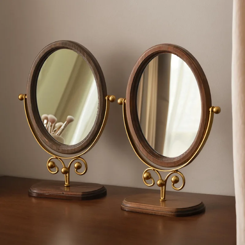 Espelho de maquiagem retrô de luxo leve, espelho oval, espelho de vestir de dormitório de alta definição, espelho giratório ajustável