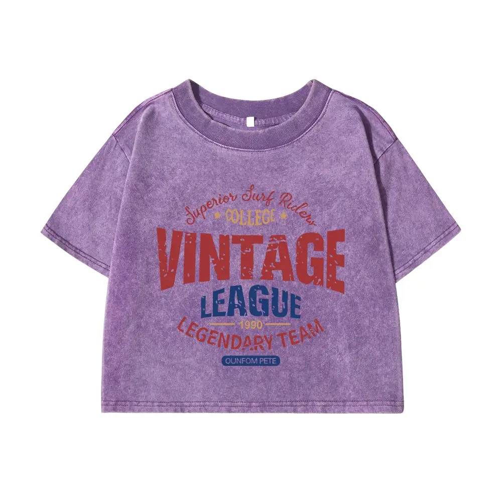 T-shirt lavate in cotone da donna T-shirt vintage con stampa di lettere della lega Manica corta Allentata O-Collo Top in difficoltà Abiti da strada femminili