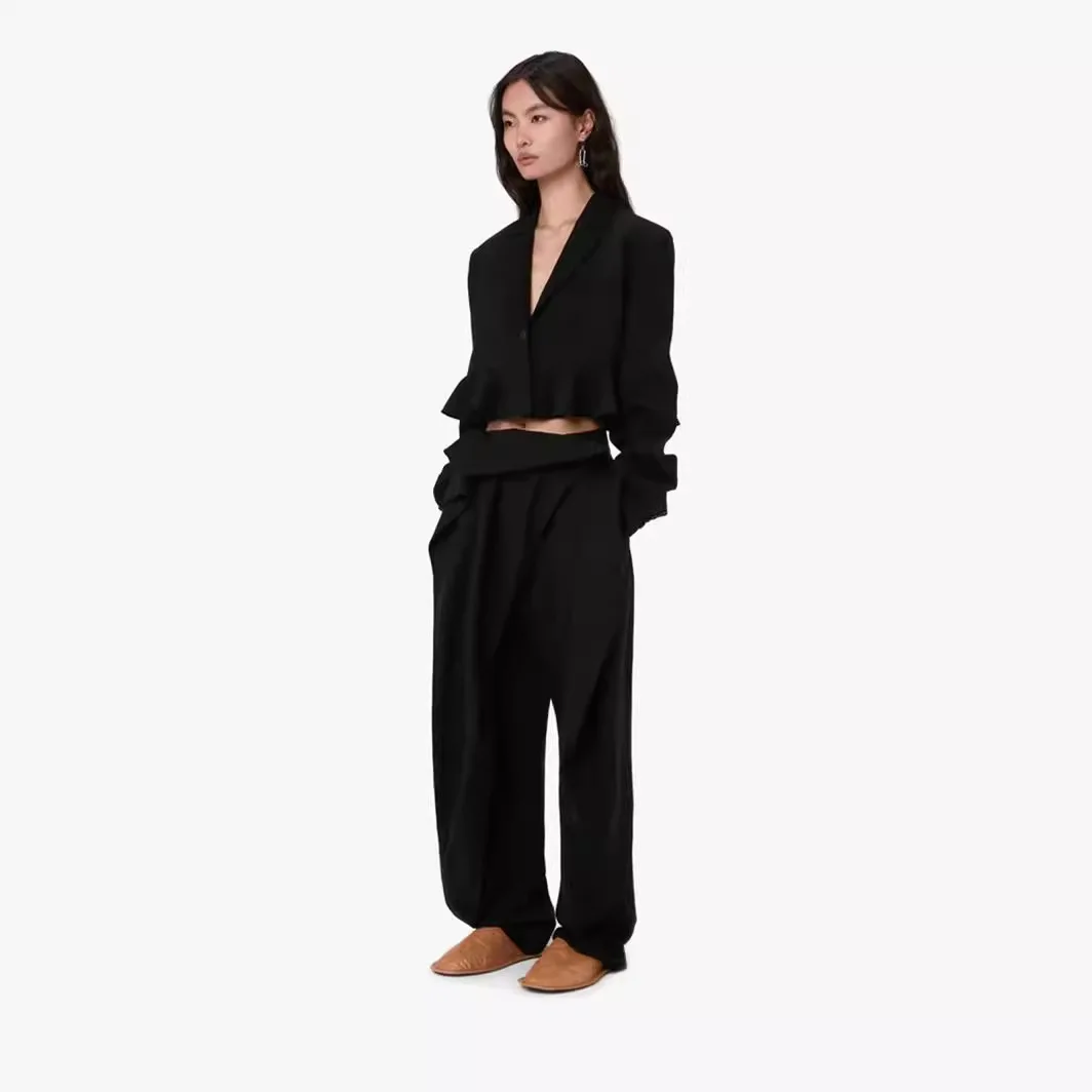 

Harlan Casual Women's Set Spring Lotus Leaf Lace Hem Short Suit with Buckle Waistband and Pants
