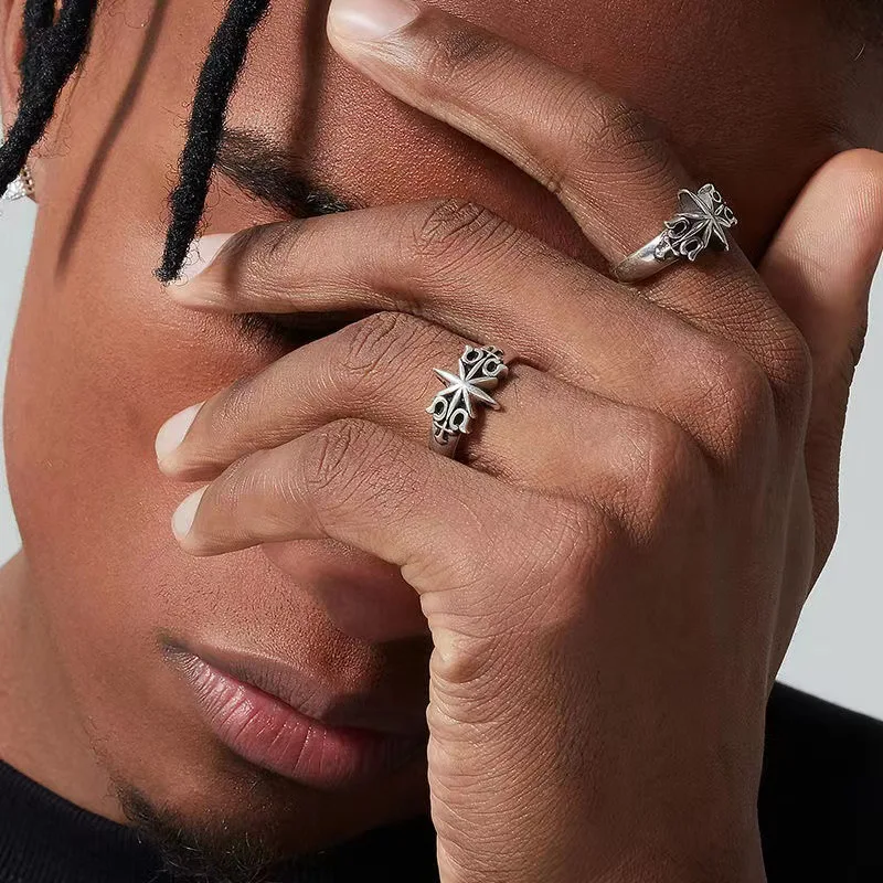 

Retro Six Point Star Ring For Men Silver Color Punk Gothic Adjustable Open Ring Rock Handmade Unisex Jewelry Accessories Gift