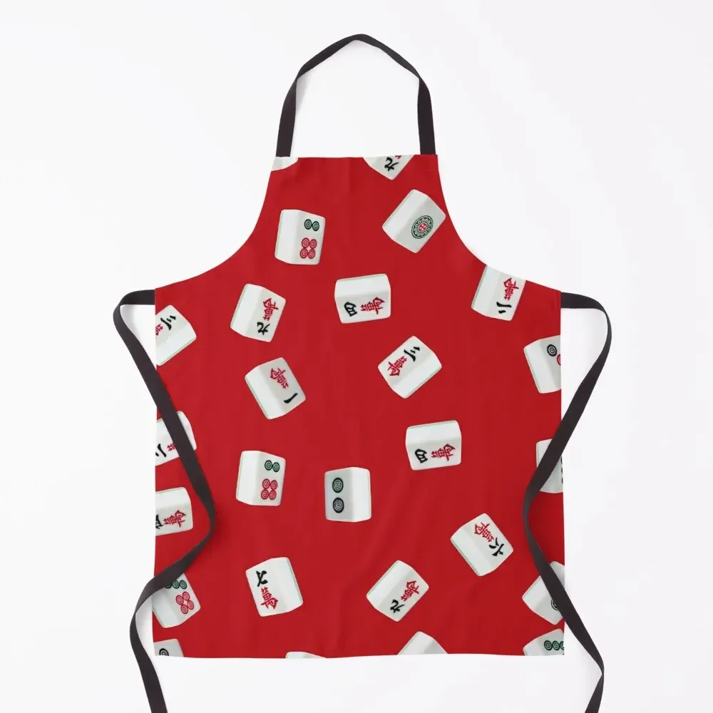 Mahjong Game Cubes On Red Background Apron Women's Kitchen Cooking bib manicurist Apron