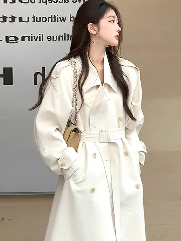 Korean Elegant Long Trench Jackets Women Fashion Double Breasted Lapel Neck Outerwears With Belt Long Sleeve Gabardina Coats New