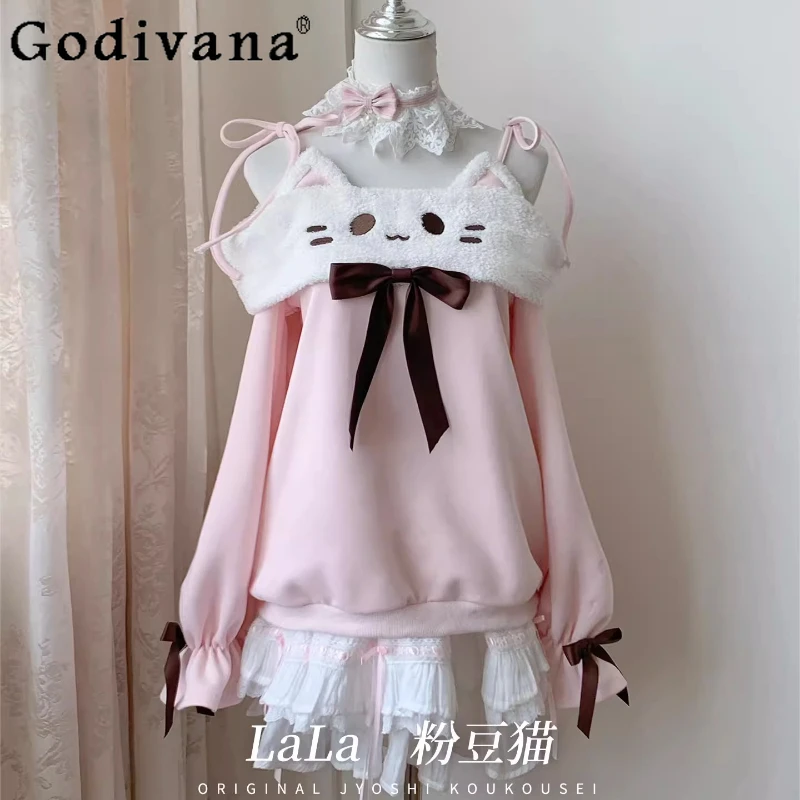 

Original Sweet Cute Off-Shoulder Pullover Skirt 2-Piece Set Autumn New Japanese Girls Cartoon Print Kawaii Tops Cake Skirt Set