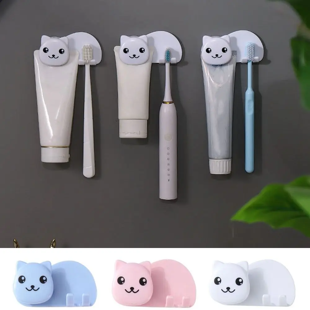 Plastic Cat Shaped Toothbrush Holder Non Perforated 2 in 1 Toothbrush Toothpaste Rack Wall Mounted Facial Cleanser Storage Clip