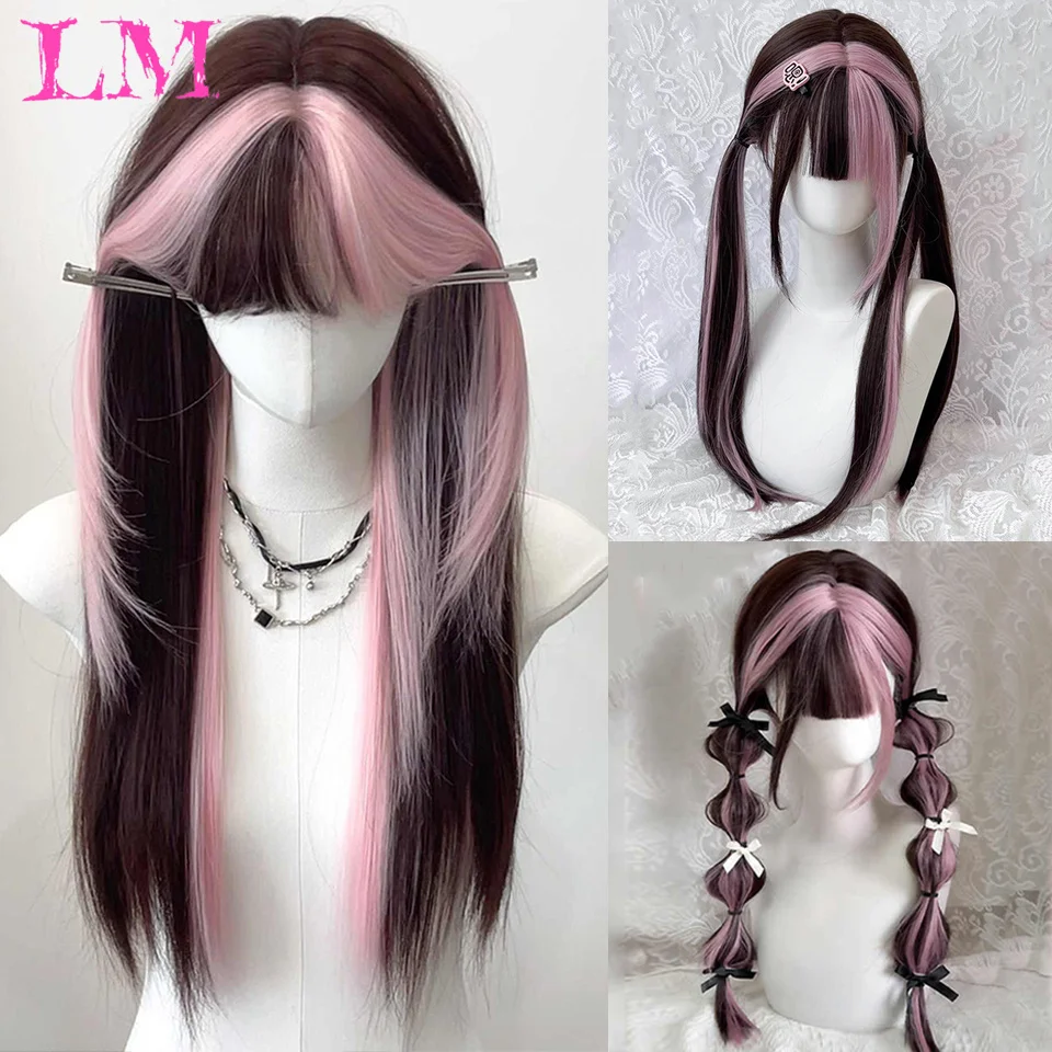 

LM Синтетические женские синтетические парики Лолиты для косплея с вырезанной челкой Синий Розовый Блондин Красный Длинные прямые волосы для вечеринки Леди Девушка