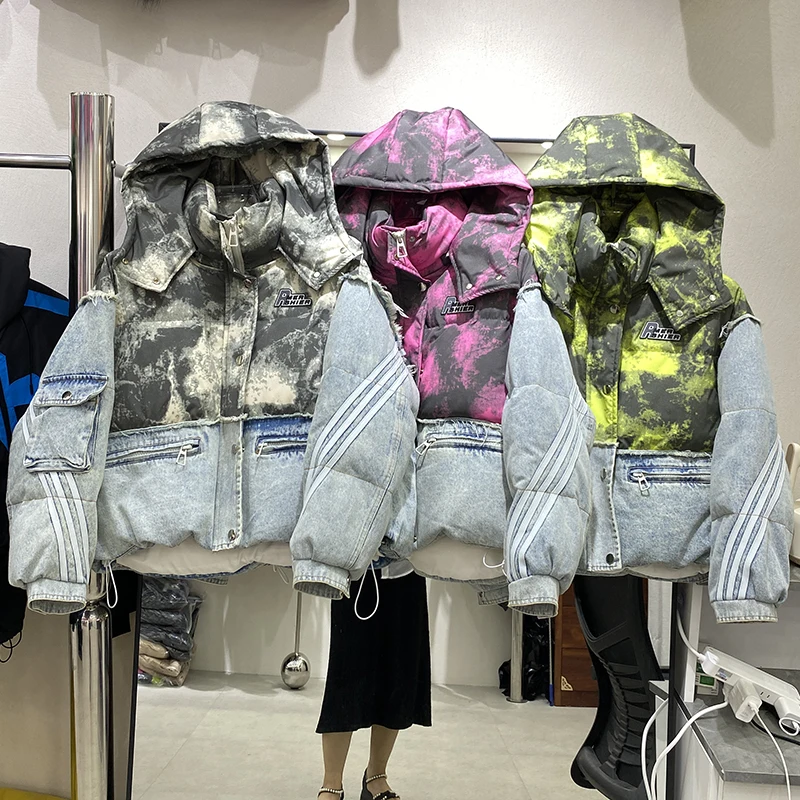 Winter Denim Gespleißt Abnehmbare Kapuze Kurze Unten Jacke Weibliche Dicke Warme Parka Outwears Frauen Weiße Ente Unten Patchwork Jacken