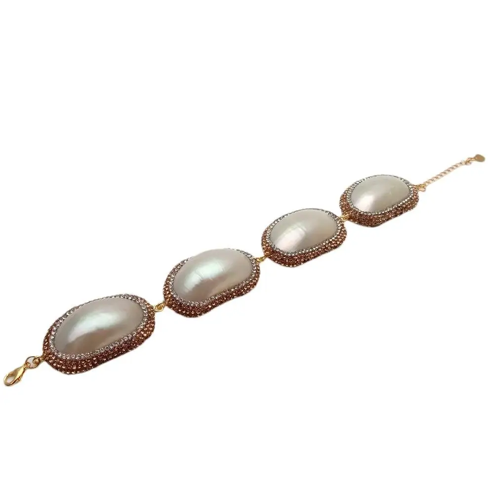 YYGEM 27x39mm Natural White Sea Shell Gold Crystal Pave Bracelet  Big Statement Bracelet  Jewelry Gift
