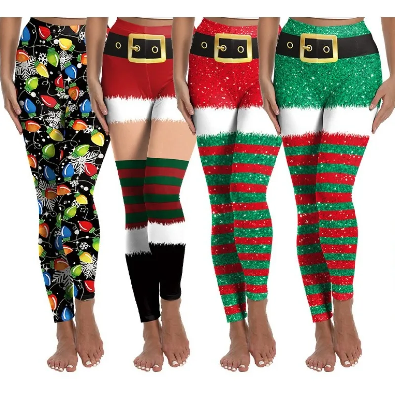 Women's Mixed Festive Element Print High Waist Stretch Sports Leggings for Christmas Themed Costume Party Women Yoga Pants