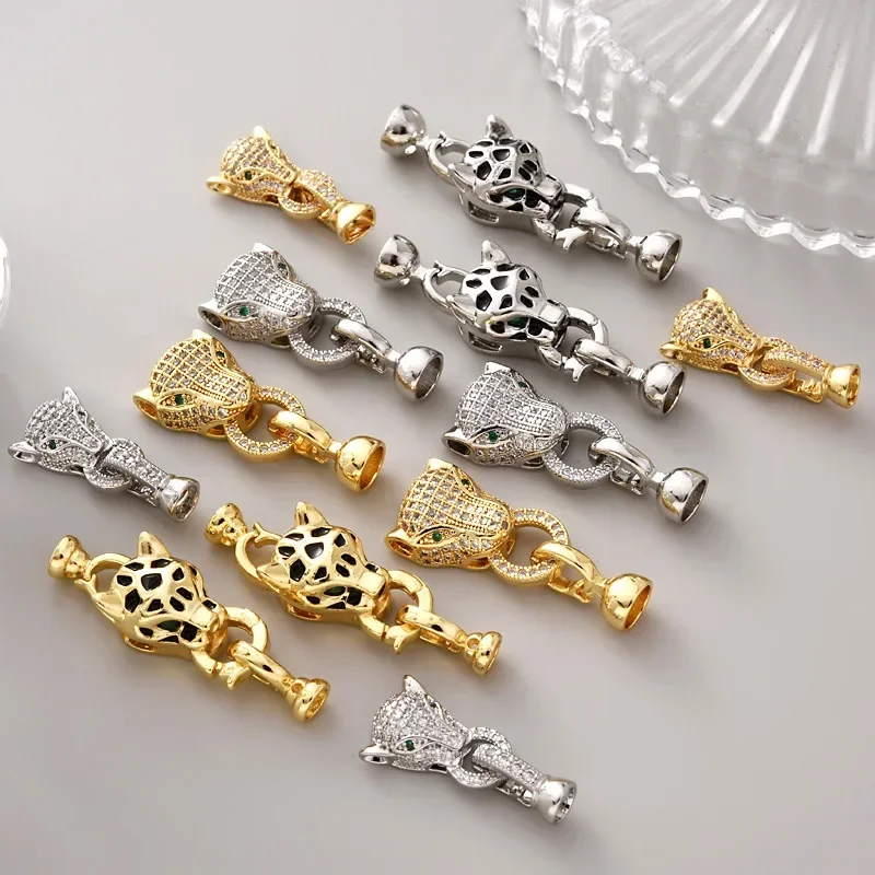 DIY Jewellery Accessories Connector Buckle 18K Gold Plated Silver Copper Zirconia Leopard Head Fastener Necklace Bracelet Making