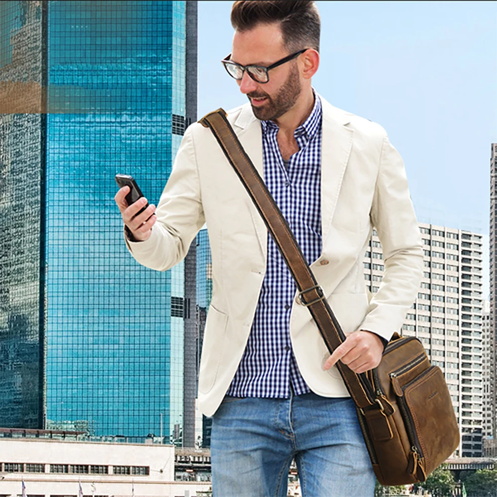Echte Leder-Umhängetasche für Herren, Casual Herren-Handtasche, Crossbody-Taschen für Arbeit und Business, Vintage Crazy Horse Leder-Schultertasche – Detail 4