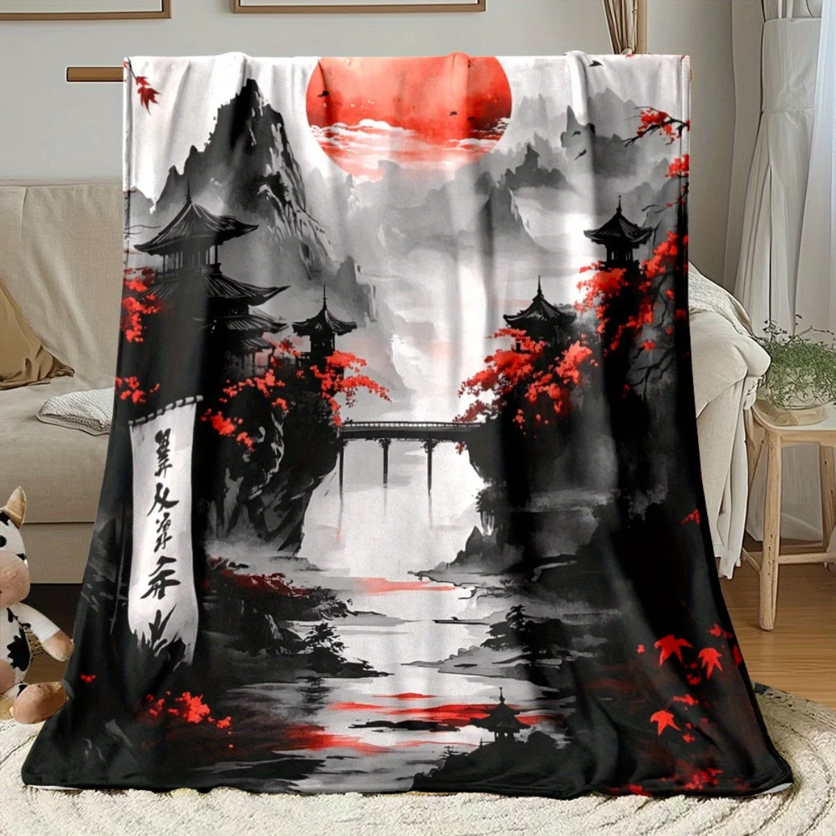 Custom Oriental Blanket Mountain Pagoda Red Sun Bridge Ink Painting Design Personalized Name Fleece Throw All Season Soft Warm