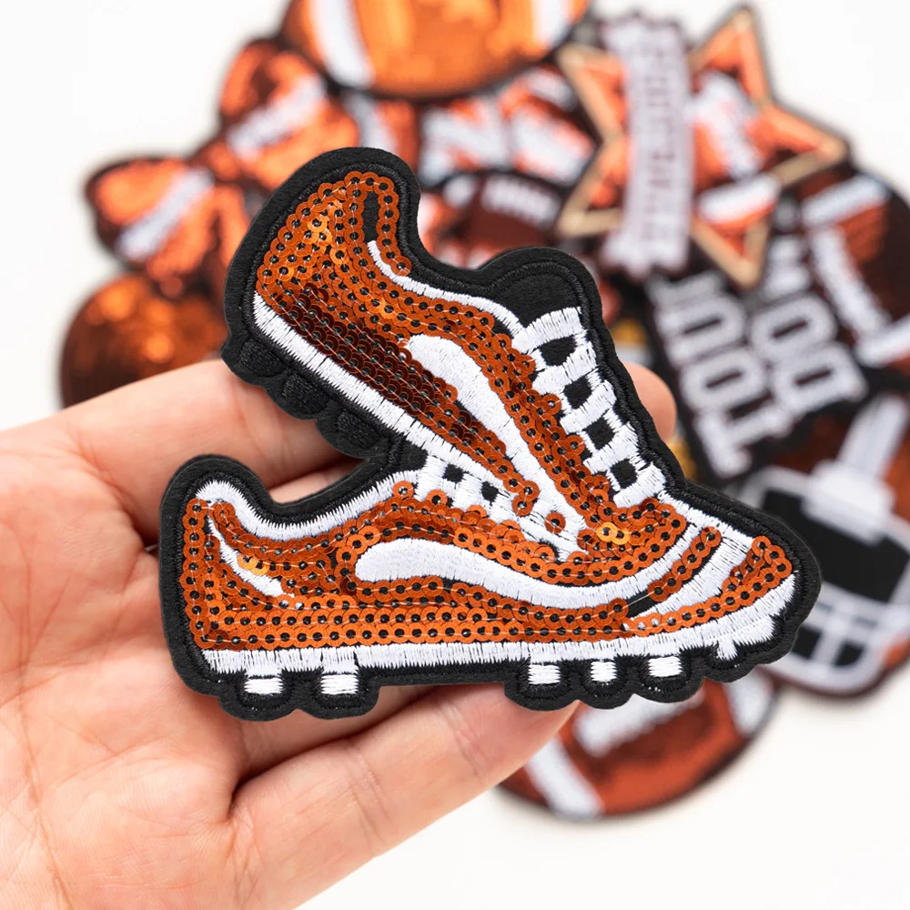 10pcs Game Day Football Sequin Iron On Patches Sport Bow Star Heart Helmet Trophy Appliques Clothing Jacket Backpack DIY Decor