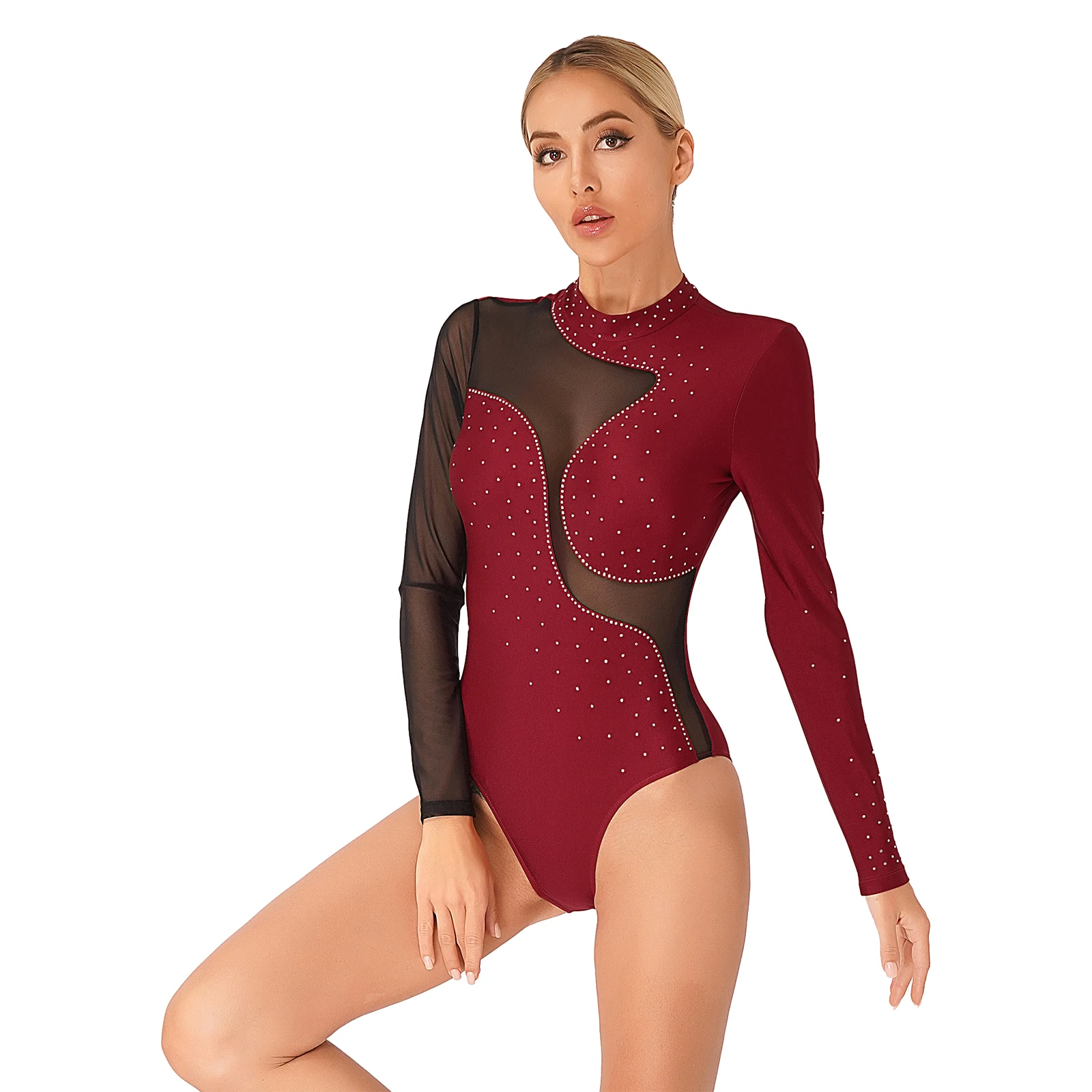 Women Figure Skating Costumes Sheer Mesh Long Sleeve Dance Leotard Shiny Rhinestones Acrobatics Gymnastics Ballet Dancewear