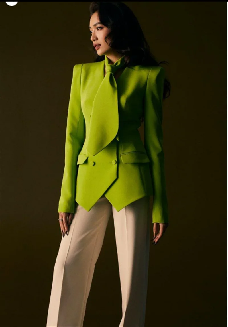 

Summer Women Suit Set 2 Pcs Green Blazer+White Pants Trousers Cotton Formal Office Lady Jacket Customized Wedding Guest Coat